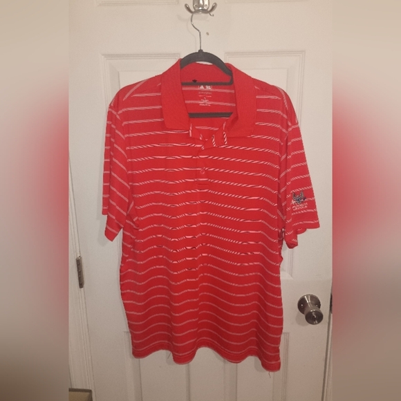 Adidas Red and White Polo Shirt with Classic Stripes - Picture 1 of 4